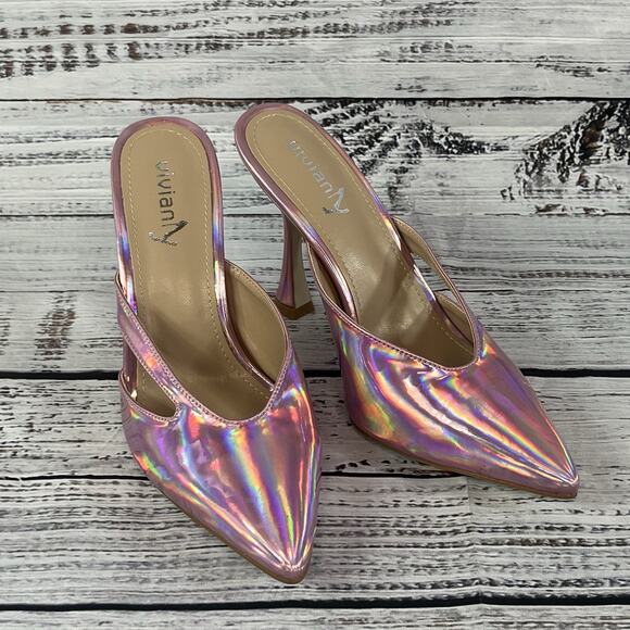 Vivian NY Pink Iridescent Ultra Heels Pumps Mules Shoes size 7.5 M Prom Wedding - Picture 2 of 16